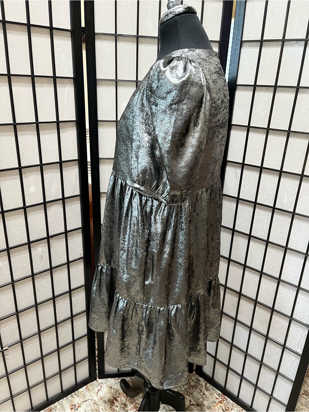 TCEC Metallic Silver Puff-Sleeve Tiered Dress women SIZE M - Picture 5 of 13